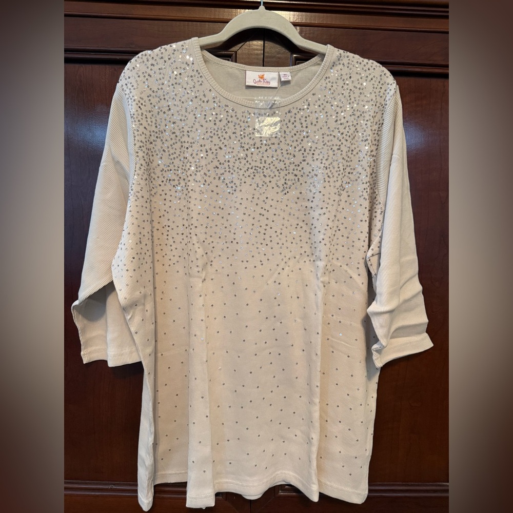Quacker Factory Sequin Knit Top 2X Tan 3/4 Sleeve Sparkle Plus Size NWT